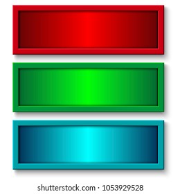 A set of colored banners - red. green, blue. Three rectangular banners are stylized under plastic. A set of banners for business and advertising. Vector label, sticker, ribbons, tag, buttons.