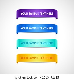 Set of colored banners with text. Purple, blue, azure, yellow ribbons, vector illustration