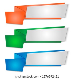 A set of colored banners-green, orange, blue.Three banners in the form of origami on a white background. A set of banners for business, advertising, presentations. Vector label, ribbons, tag, buttons.