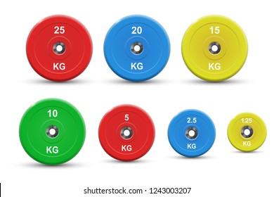 Set of colored barbell plates, vector illustration, isolated on white