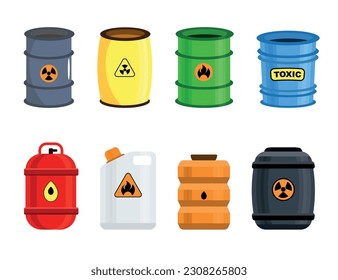 Set of colored barrels with dangerous substances in cartoon style. Vector illustration of barrels of different shapes with dangerous, toxic, flammable substances isolated on a white background.