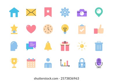 Set of colored basic flat line icons set - house, email, calendar, chat and other icons, vector eps10 illustration