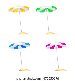 A set of colored beach umbrellas stuck in a small mound of Golden sand. Realistic colored umbrellas with reflections and shadows isolated on white background. 3D illustration