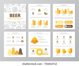 Set of colored beer and bar, pub elements for multipurpose a4 presentation template slides with graphs and charts. Leaflet,  marketing, advertising, annual, book cover design.
