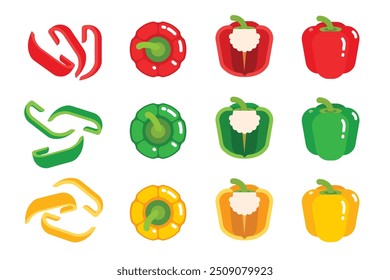 Set of colored Bell Pepper, Farm fresh Pepper product emblem for grocery shop, Slides, long and cross sections, and different positions, simple flat vector illustration of vegetables and fruits.