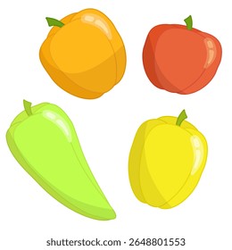 Set of colored bell peppers on a white background. Vegetables. Vector illustration for children's book, recipe, print.