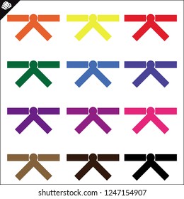 Set Colored belts for martial arts kimono, dogi judo, taekwondo, hapkido, karate. Red, blue, yellow, green, brown, black.