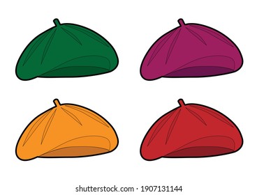 Set of colored berets, illustration, vector on white background.