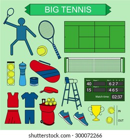 Set of colored big tennis icons. Vector illustration of colored sport symbols in flat style.