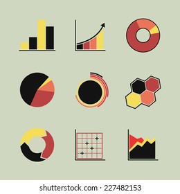 Set of colored (black, red, orange, yellow colors) line chart and diagram icons. Isolated on light background. Vector illustration, eps 8.
