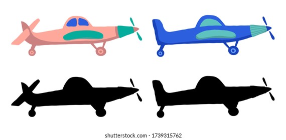 Set colored and black silhouette Airplane in doodle style isolated on white background. Set of agricultural aircraft vector outline icons for kids playing, web design, print on t shirt.