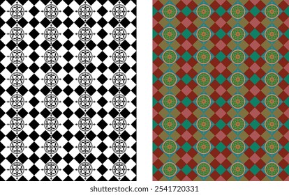 Conjunto de patrones inconsútiles de color y blanco y negro geométrico arte islámico arabesco.