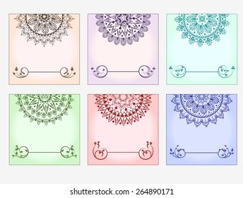 Set of colored blank cards with half lace mandalas. Vector illustration.