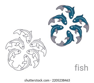 Set of colored blue fish and fish outline for coloring. Underwater world! Cute cartoon fish. Vector illustration. Drawings for banner, card, postcard