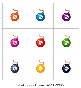 Set of colored bomb symbols. Vector illustration isolated on white