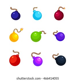 Set of colored bomb symbols. Vector illustration isolated on white