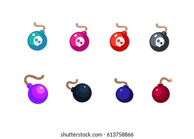 Set of colored bomb symbols. Vector illustration isolated on white. Set of bomb about to blast. Illustration of a cartoon black bomb icon about to explode with burning wick. Bomb signs with skulls. 