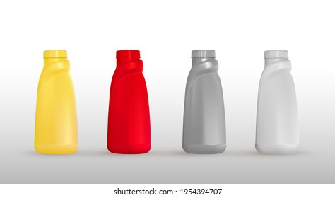 Set of colored bottles of detergents for washing. Blank plastic bottle yellow, red, silver and white for laundry detergent. Realistic vector bottle for your design. Isolated on white background.