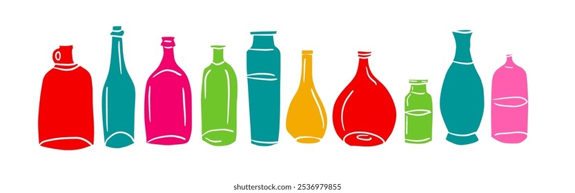 A set of colored bottles. hand drawing. Not AI, Vector illustration.