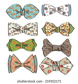 Set of colored bow tie  with  different pattern.Autumn fruits,berries,mushrooms,tartan,fox,flowers,woodland.Hipster Fashion.Vector Illustration.