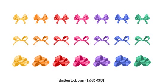 Set of colored bows of different shapes isolated on white background. Vector illustration of holiday decoration elements, festive design in cartoon simple flat style.