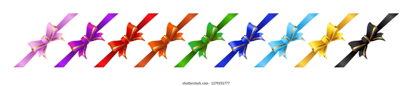Set of colored bows with horizontal ribbon. Vector bow isolated on white