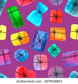 set of colored boxes of different shapes for gifts, vector watercolor drawing, seamless pattern on a purple background