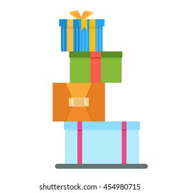 Set of colored boxes with gifts, ribbons and bows. Template cards for holiday, birthday, housewarming, new year. Objects isolated on white background. Flat cartoon vector illustration.