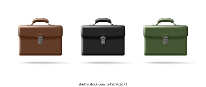 Conjunto de maletines de colores, icono 3D. Cartera de negocios, finanzas, gestión, diplomacia. Para el diseño web maletas aisladas de fondo blanco. Vector