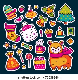 Set of colored bright cartoon stickers, patches, badges, pins, prints. Alpaca with scarf, kitten, cat, christmas tree, gift, sweets, stars, candle, bell, ball. Vector isolated illustrations.