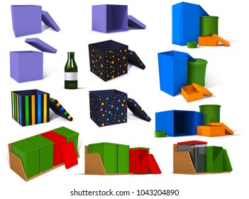 set of colored bright metal boxes, cardboard boxes and bottle