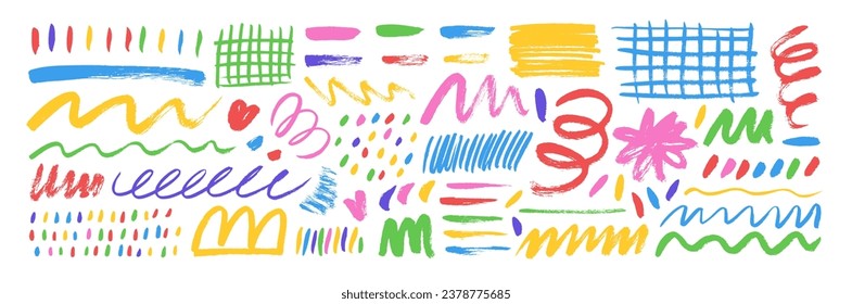 Conjunto de formas de doodle dibujadas con pincel de color y diferentes trazos de lápiz dibujados a mano. Dibujos vectores de carbón vegetal. Líneas esquemáticas de estilo Doodle, rejillas, puntos, trazos de pincel girados. Símbolos para diagramas.