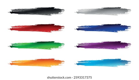 Set of colored brush strokes, eight abstract watercolor strokes, black, red, blue, green, purple, orange.