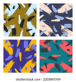 Set of colored brush strokes on blue, green, violet background. Modern design pattern. Grunge, sketch, watercolor, graffiti. Grunge ink stripes, pastel colored fabric print with trendy hand drawn.