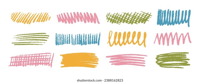 Conjunto de trazos de pincel de color, varias líneas vectoriales texturales y garabatos dibujados a mano