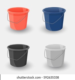 Set of colored buckets. Realistic vector object. Plastic bucket for garden, home, cleaning and water. Set for Home Renovation and Interior Design. Vector illustration