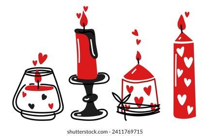 A set of colored burning candles with doodle hearts. Love, romance. Flat vector illustration, isolated. Burning candles in glass, with thread, on a candlestick. Valentine's Day, red and black colors