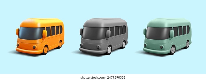 Set of colored buses, 3D. For passenger transport design concepts, adults and children. Vector