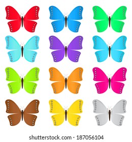 Set of colored butterflies on a white background