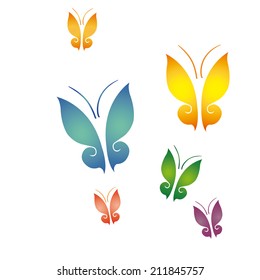 a set of colored butterflies on a white background