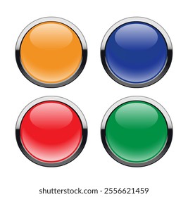 Set of colored buttons with chrome edging on white background. Vector flat illustration