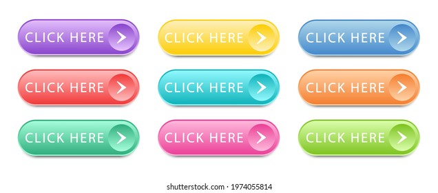 Set of colored buttons Click Here isolated on white background. Click here vector web button. UI button concept. Call to Action Button. Vector illustration