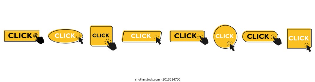 Set of colored buttons Click Here with hand or mouse cursor, isolated on white background. Click here vector web button. UI button concept. Call to Action Button. Vector illustration