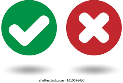  Set of colored buttons with a cross and checkmark isolated on a white background. Cross & check mark icons. Mark button. True and false symbols
