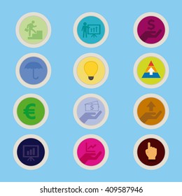 Set of colored buttons with different business icons on a blue background