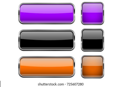 Set of colored buttons with metal border. Vector 3d illustration isolated on white background