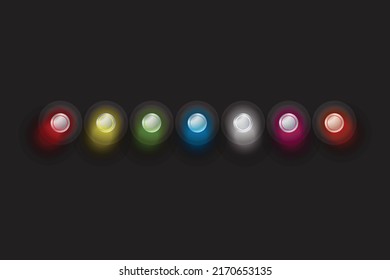 Set of colored buttons, neon circles.with light effect. Glossy mirror texture banner with reflections on black background. Vector illustration.