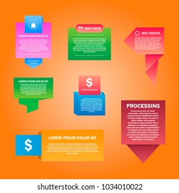 A set of colored buttons on an orange background. Promotional stickers with texts. Colorful vector collection.