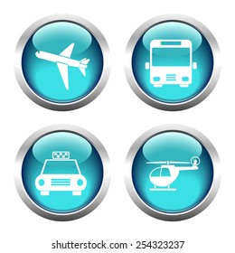 Set of colored buttons for web, airplane, helicopter, taxi, bus. Vector.