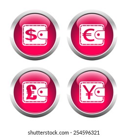 Set of colored buttons for web, purses currency. Vector.